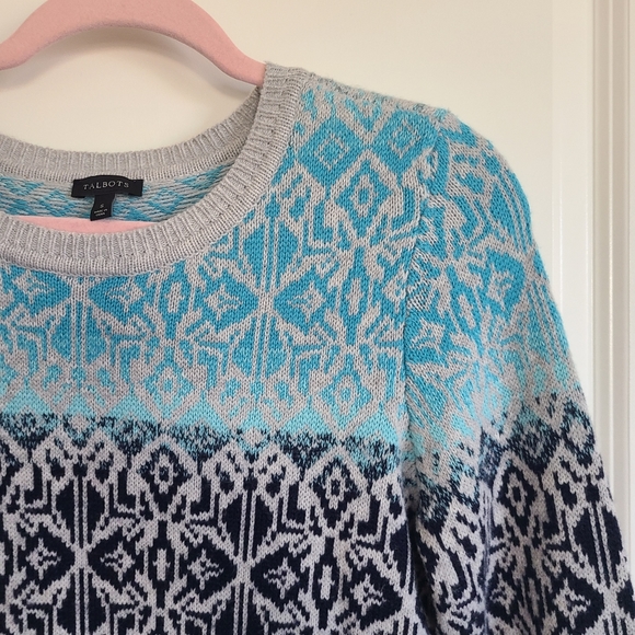 Talbots Blue Nordic Fair Isle Nylon Lambs Wool Knit Sweater Size Small - Picture 4 of 10